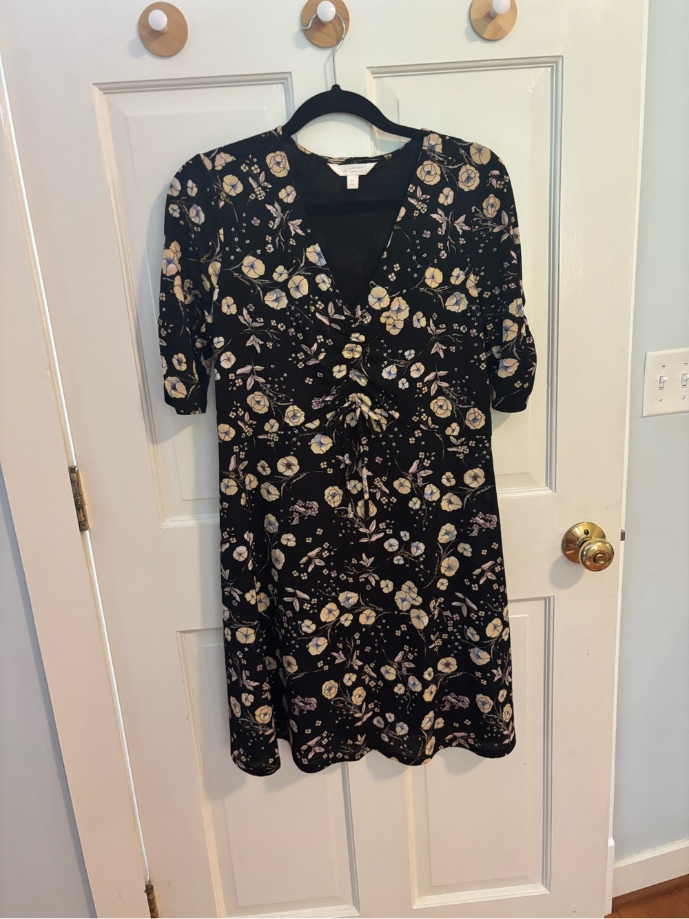LC Lauren Conrad Black Floral Midi Dress with Cream & Soft Purple Blooms